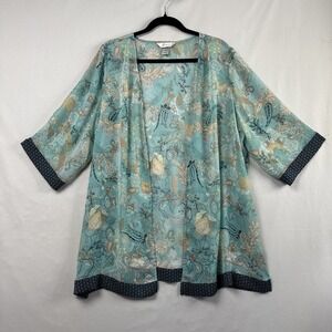 CJ Banks Open Front Kimono Womens 1X Topper Relaxed Sheer Chiffon Floral Green